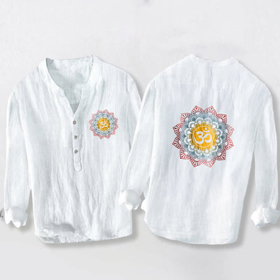 Buddha Stones Half Buttons Mandala Om Symbol Pattern Men's Cotton Linen Long Sleeve Shirt - White - US/UK/AU50，EU60 (5XL) - image 0