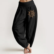 Foviel Spiral Center Sun Pattern Women's Elastic Waist Harem Pure Cotton Pants