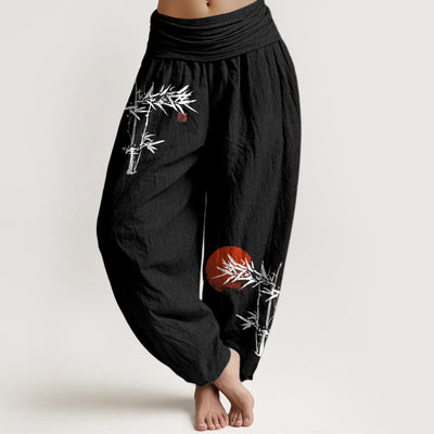 Buddha Stones Bamboo Leaves Red Sun Pattern Women's Elastic Waist Harem Pure Cotton Pants - Black - US22，UK/AU26，EU54 (6XL) - image 5