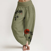 Foviel Bamboo Leaves Red Sun Pattern Women's Elastic Waist Harem Pure Cotton Pants