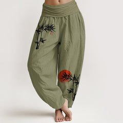 Buddha Stones Bamboo Leaves Red Sun Pattern Women's Elastic Waist Harem Pure Cotton Pants - OliveDrab - US22，UK/AU26，EU54 (6XL) - image 0