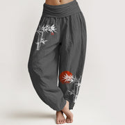 Foviel Bamboo Leaves Red Sun Pattern Women's Elastic Waist Harem Pure Cotton Pants