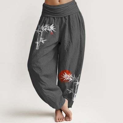 Buddha Stones Bamboo Leaves Red Sun Pattern Women's Elastic Waist Harem Pure Cotton Pants - DimGray - US22，UK/AU26，EU54 (6XL) - image 11