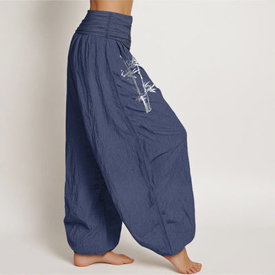 Buddha Stones Bamboo Leaves Red Sun Pattern Women's Elastic Waist Harem Pure Cotton Pants - image 9