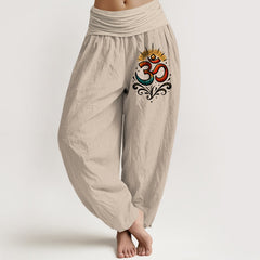 Buddha Stones Om Symbol Light Pattern Women's Elastic Waist Harem Cotton Pants - Tan - US22，UK/AU26，EU54 (6XL) - image 0