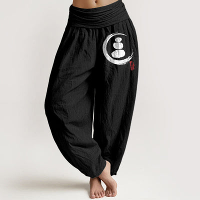 Buddha Stones Ensō Circle Stacked Stones Pattern Women's Elastic Waist Harem Cotton Pants - Black - US22，UK/AU26，EU54 (6XL) - image 5