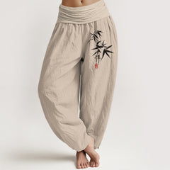 Buddha Stones Pure Cotton Bamboo Zen Pattern Women's Elastic Waist Harem Pants - Tan - US22，UK/AU26，EU54 (6XL) - image 0