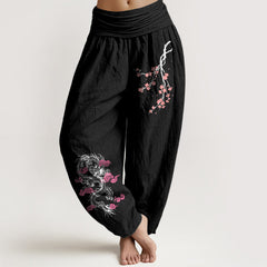 Buddha Stones Dragon Auspicious Clouds Flower Pattern Women's Elastic Waist Harem Cotton Pants - Black - US22，UK/AU26，EU54 (6XL) - image 0