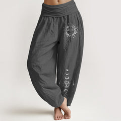 Buddha Stones Sun Moon Stars Pattern Women's Elastic Waist Harem Pure Cotton Pants - DimGray - US22，UK/AU26，EU54 (6XL) - image 0