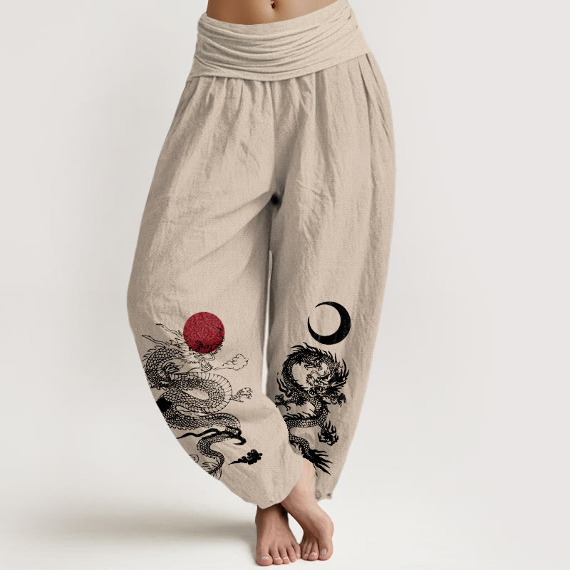 Buddha Stones Pure Cotton Dragon Sun Moon Pattern Women's Elastic Waist Harem Pants - Tan - US22，UK/AU26，EU54 (6XL) - image 11