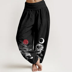 Buddha Stones Pure Cotton Dragon Sun Moon Pattern Women's Elastic Waist Harem Pants - Black - US22，UK/AU26，EU54 (6XL) - image 0