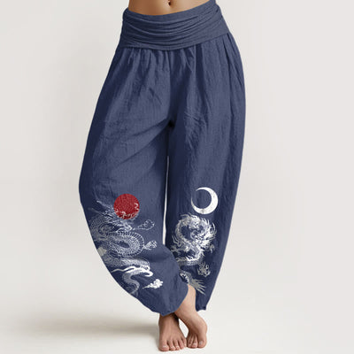 Buddha Stones Pure Cotton Dragon Sun Moon Pattern Women's Elastic Waist Harem Pants - DarkSlateBlue - US22，UK/AU26，EU54 (6XL) - image 5