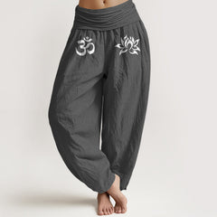 Buddha Stones Solid Color Pure Cotton Lotus Om Symbol Pattern Women's Elastic Waist Harem Pants - DimGray - US22，UK/AU26，EU54 (6XL) - image 0