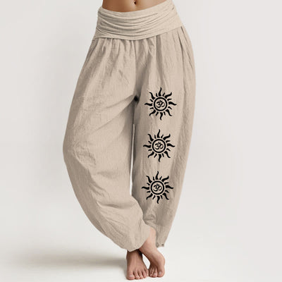Buddha Stones Solid Color Pure Cotton Sun Om Symbol Pattern Women's Elastic Waist Harem Pants - Tan - US22，UK/AU26，EU54 (6XL) - image 14