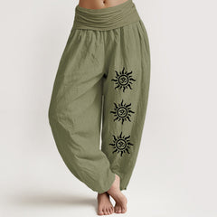 Buddha Stones Solid Color Pure Cotton Sun Om Symbol Pattern Women's Elastic Waist Harem Pants - OliveDrab - US22，UK/AU26，EU54 (6XL) - image 0