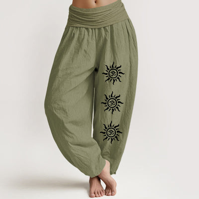 Buddha Stones Solid Color Pure Cotton Sun Om Symbol Pattern Women's Elastic Waist Harem Pants - OliveDrab - US22，UK/AU26，EU54 (6XL) - image 0