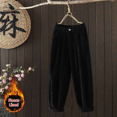 Buddha Stones Women's Winter Plain Corduroy  High Waist Fleece-Lined Harem Pants With Pockets - Black - US8-10，UK/AU12-14，EU40-42 (2XL) - image 11
