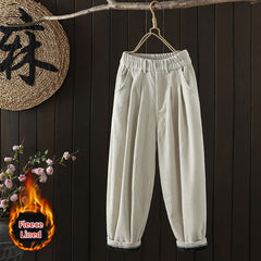 Buddha Stones Women's Winter Plain Corduroy  High Waist Fleece-Lined Harem Pants With Pockets - Linen - US8-10，UK/AU12-14，EU40-42 (2XL) - image 0