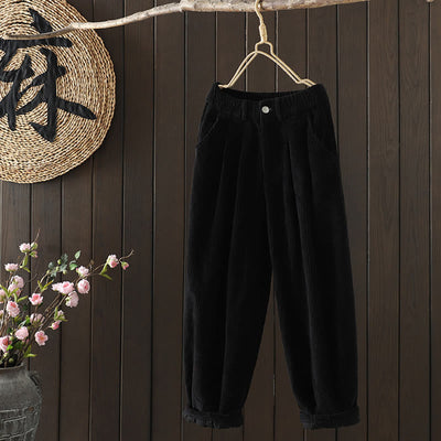 Buddha Stones Women's Winter Plain Corduroy  High Waist Fleece-Lined Harem Pants With Pockets - image 12
