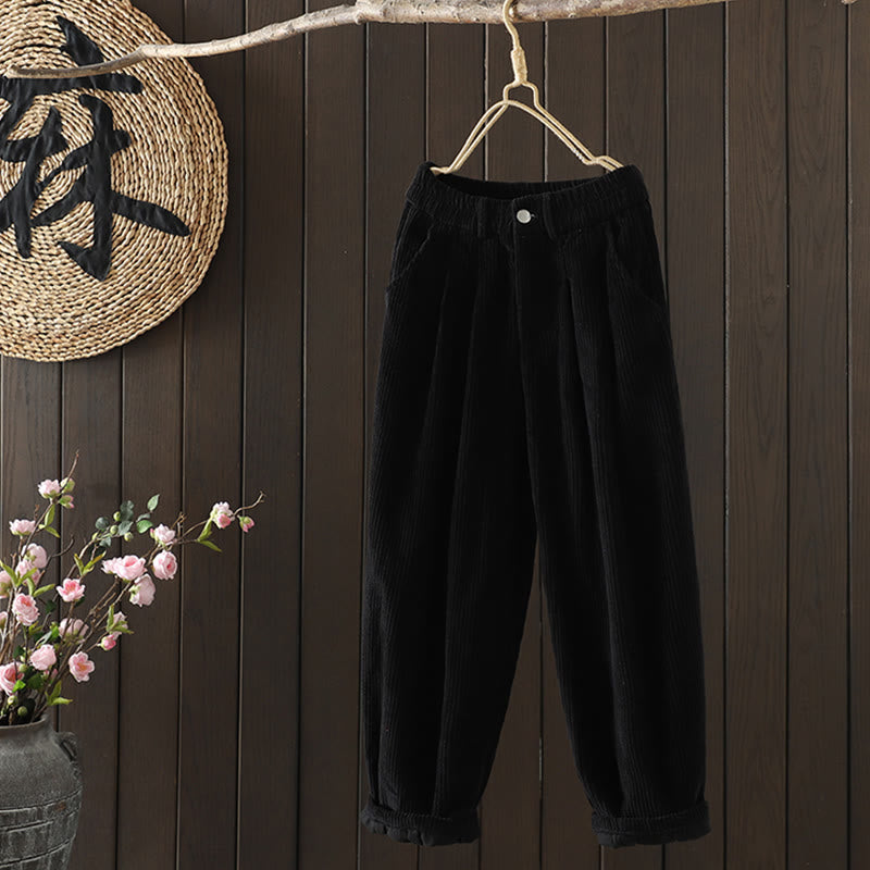 Buddha Stones Women's Winter Plain Corduroy  High Waist Fleece-Lined Harem Pants With Pockets - image 12