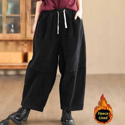 Buddha Stones Women's Drawstring Design Cotton Corduroy Thermal Fleece-Lined Pants With Pockets - Black(Fleece Lined) - US14，UK/AU18，EU46 (4XL) - image 7