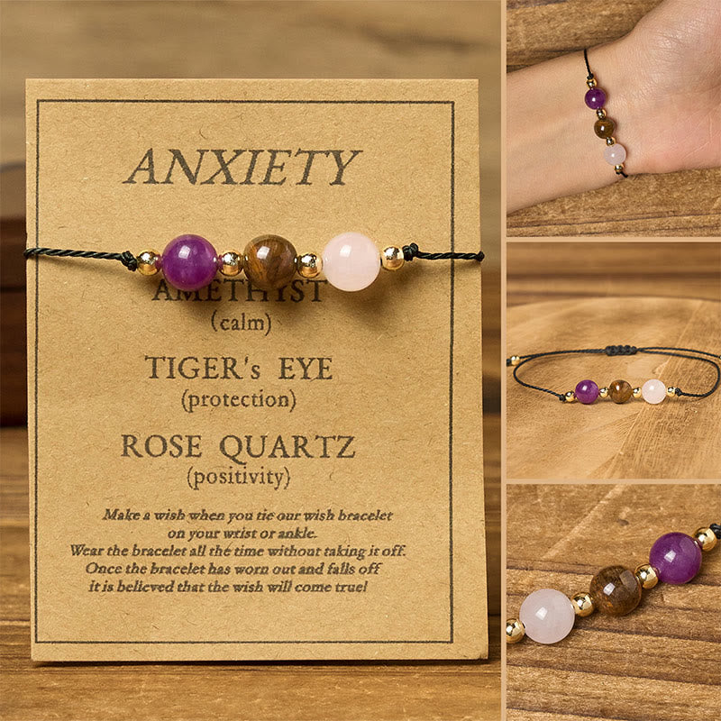 Buddha Stones Amethyst Tiger Eye Rose Quartz Protection Anti-Anxiety Card Rope Bracelet - Round Beads(Wrist Circumference: 14-23cm) - image 10