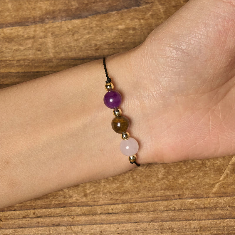 Buddha Stones Amethyst Tiger Eye Rose Quartz Protection Anti-Anxiety Card Rope Bracelet - image 15