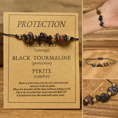Buddha Stones Tiger Eye Black Tourmaline Pyrite Protection Card Rope Bracelet - Irregular Beads (Wrist Circumference: 14-23cm) - image 0
