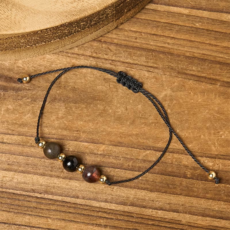 Buddha Stones Tiger Eye Black Tourmaline Pyrite Protection Card Rope Bracelet - image 13