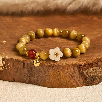Buddha Stones Natural Golden Tiger Eye Bell Flower Courage Bracelet - Tiger Eye & White Flower (Wrist Circumference: 14-16cm) - image 0