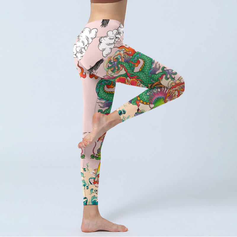 Buddha Stones Dragon Rose Eagle Waves Auspicious Clouds Pattern Gym Leggings Women's Yoga Pants - image 3