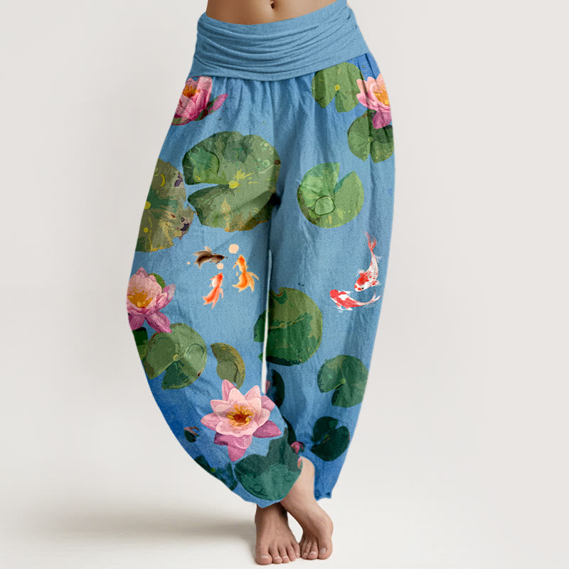 Buddha Stones Print Koi Fish Lotus Flowers Pattern Women's Elastic Waist Harem Pure Cotton Pants - CornflowerBlue - US16，UK/AU20，EU48 (3XL) - image 0