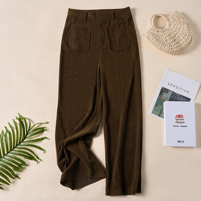 Buddha Stones Plain Corduroy Polyester Women's Buttons Wide Leg Pants With Pockets - SaddleBrown - US14，UK/AU18，EU46 (2XL) - image 0