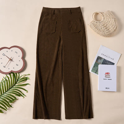 Buddha Stones Plain Corduroy Polyester Women's Buttons Wide Leg Pants With Pockets - image 1