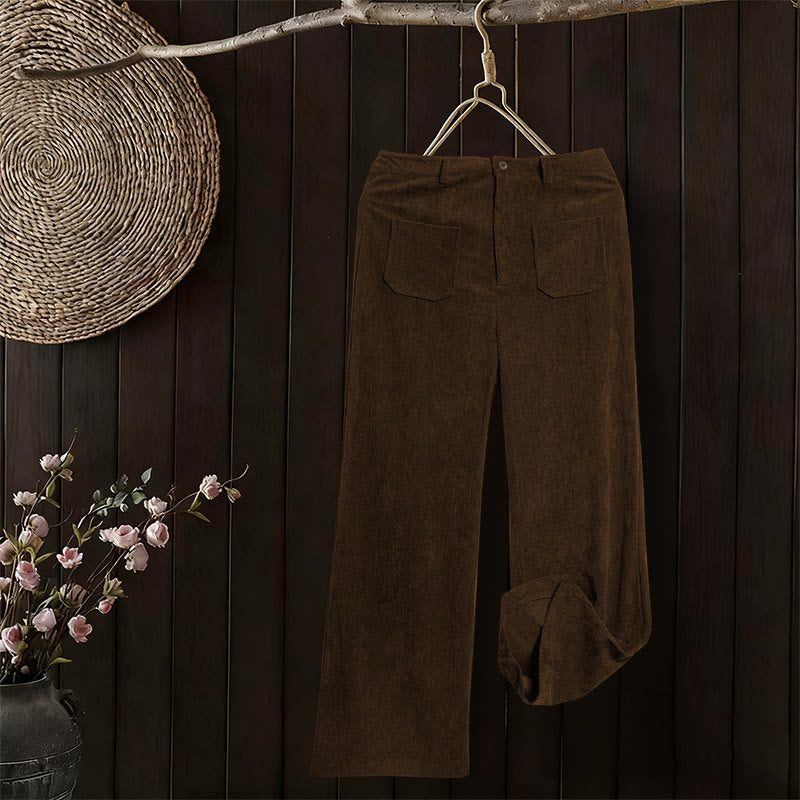 Buddha Stones Plain Corduroy Polyester Women's Buttons Wide Leg Pants With Pockets - image 4