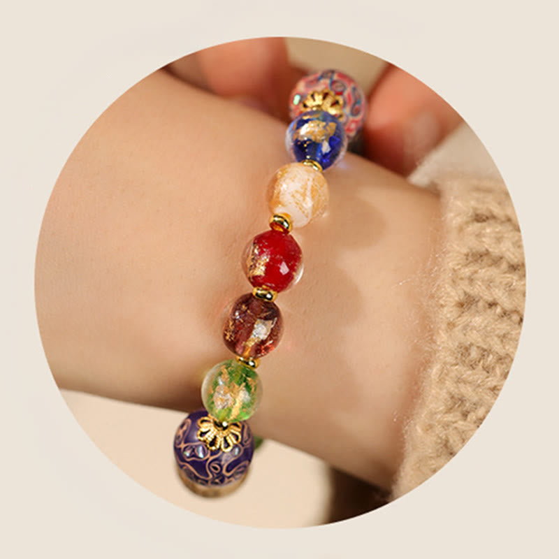 Buddha Stones Colorful Liuli Glass Sandalwood Gourd Bead Lacquer Craft Bracelet - image 5