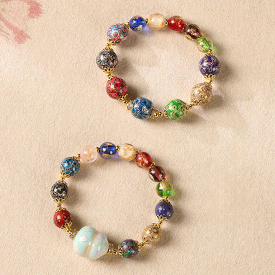 Buddha Stones Colorful Liuli Glass Sandalwood Gourd Bead Lacquer Craft Bracelet - image 14