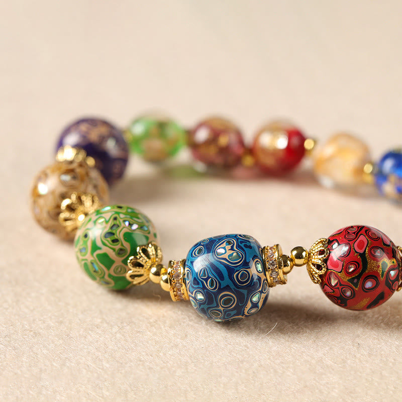 Buddha Stones Colorful Liuli Glass Sandalwood Gourd Bead Lacquer Craft Bracelet - image 2