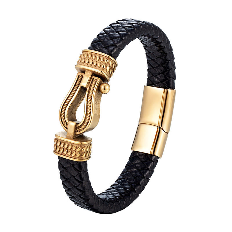 Buddha Stones Leather horseshoe-Shaped Titanium Steel Balance Braided Magnetic Buckle Bracelet - image 6