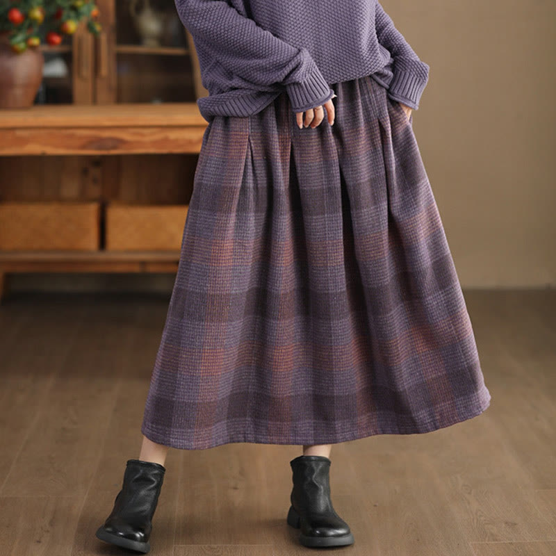 Buddha Stones Women's Winter Plaid Pattern Cotton Thermal 7-8 Length Skirt With Pockets - image 2