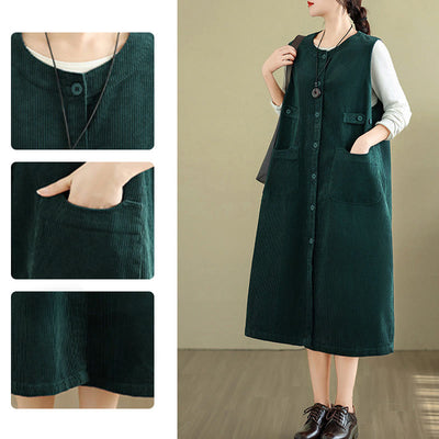Buddha Stones Pure Colo Buttons Sleeveless Midi Dress With Pockets - image 12