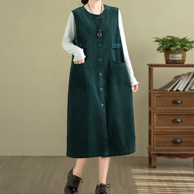 Buddha Stones Pure Colo Buttons Sleeveless Midi Dress With Pockets - image 9