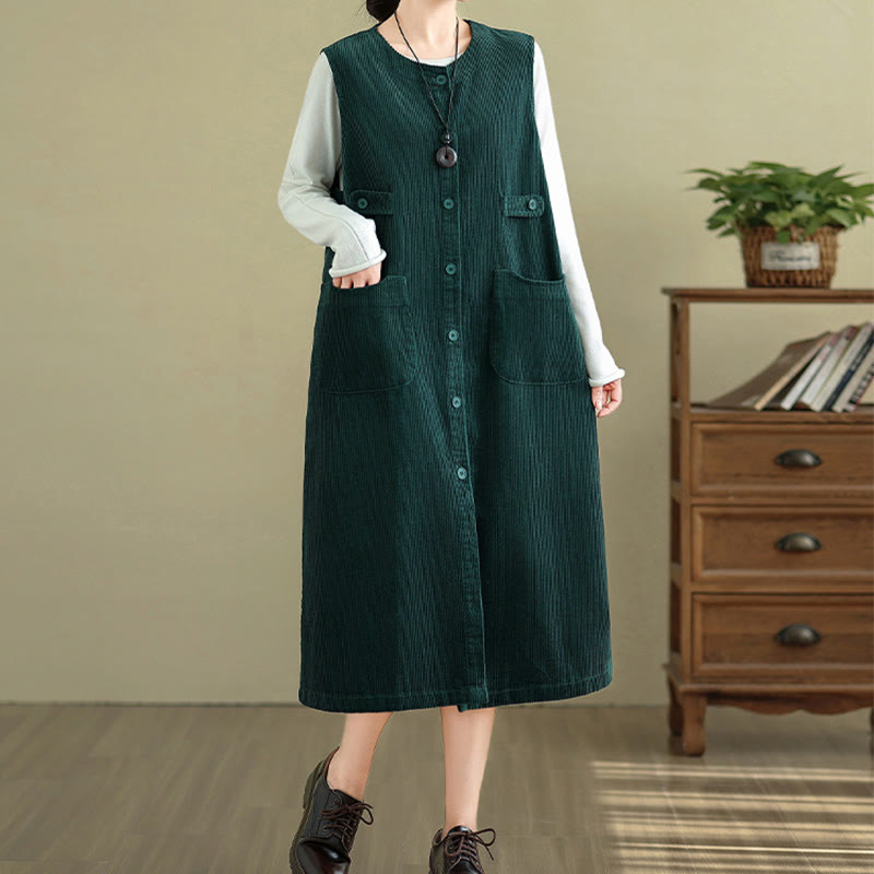 Buddha Stones Pure Colo Buttons Sleeveless Midi Dress With Pockets - image 9
