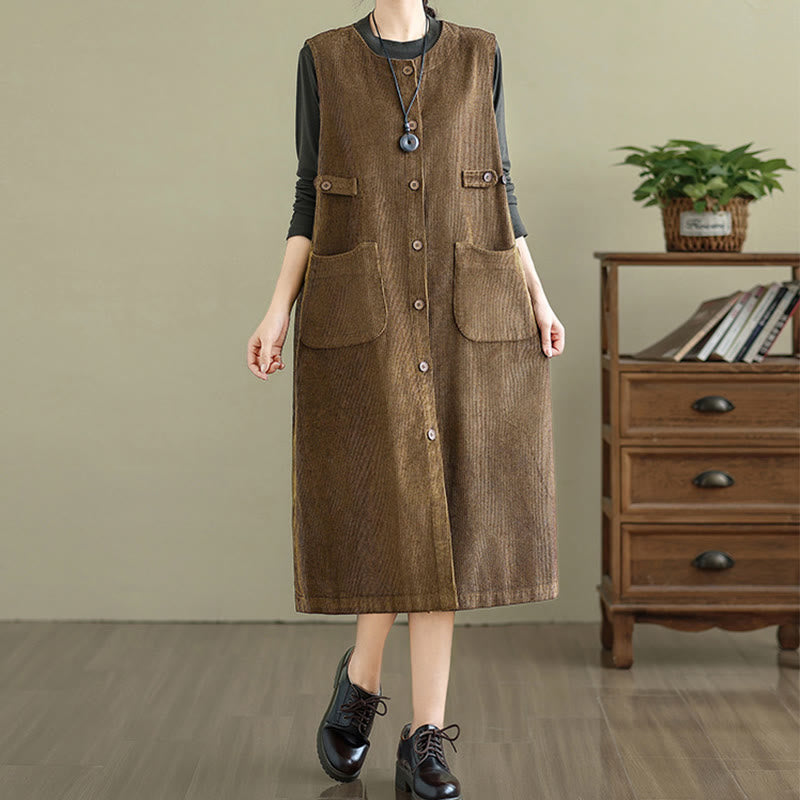 Buddha Stones Pure Colo Buttons Sleeveless Midi Dress With Pockets - image 3