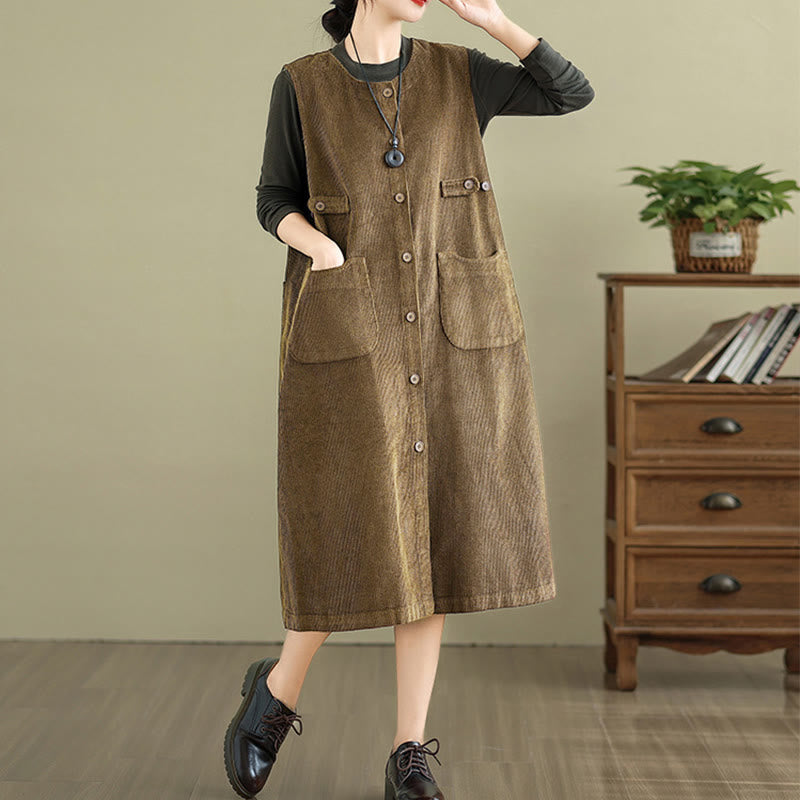 Buddha Stones Pure Colo Buttons Sleeveless Midi Dress With Pockets - image 4