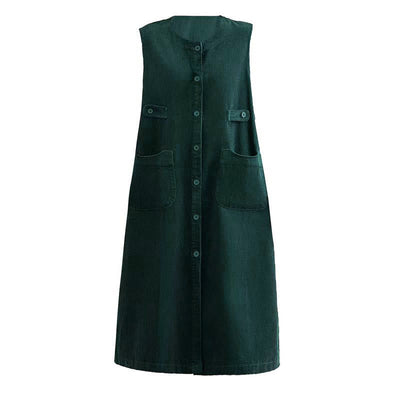 Buddha Stones Pure Colo Buttons Sleeveless Midi Dress With Pockets - image 13