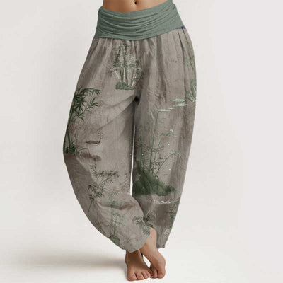 Buddha Stones Pure Cotton Casual Bamboo Rock Ink Painting Women's Elastic Waist Harem Pants - Tan - US22，UK/AU26，EU54 (6XL) - image 6