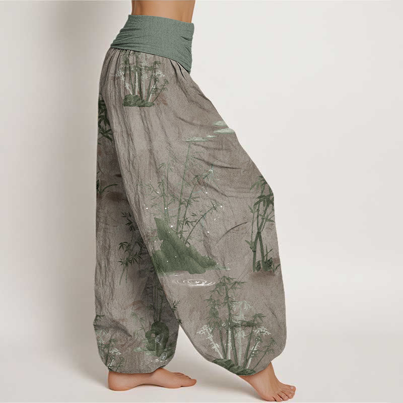 Buddha Stones Pure Cotton Casual Bamboo Rock Ink Painting Women's Elastic Waist Harem Pants - image 8