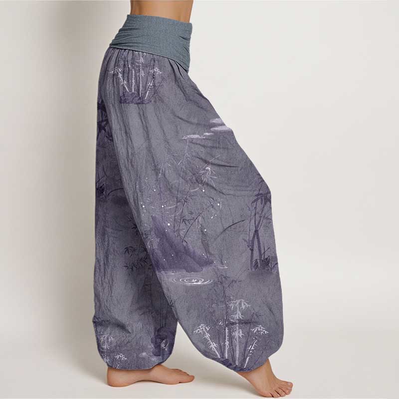 Buddha Stones Pure Cotton Casual Bamboo Rock Ink Painting Women's Elastic Waist Harem Pants - image 2