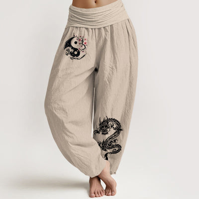 Buddha Stones Dragon Yin Yang Waves Flower Pattern Pure Cotton Women's Elastic Waist Harem Pants - Tan - US16，UK/AU20，EU48 (3XL) - image 11